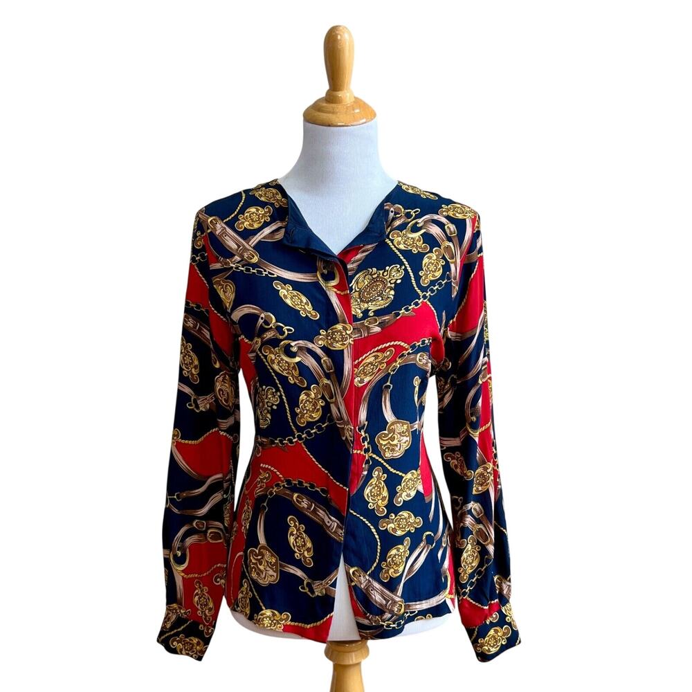 Vintage‎ 90s Stephanie Andrews Silk Shirt Equestrian Print Blouse Navy Red M